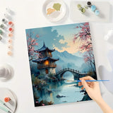 Oriental Landscape Paint by Numbers Kit for Adults - DIY Chinese Pavilion with Bridge Painting on Canvas 16x20 Inches, Acrylic Paint Set, Suitable for Beginners,Art for Home Decoration/Gifts TAOPAOLAB