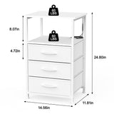 Dicasser Nightstand with Drawers,White NightStand with LED Light, Bedside Table with 3 Fabric Drawers for Bedroom, Modern Night Stand for Small Spaces,White Dicasser