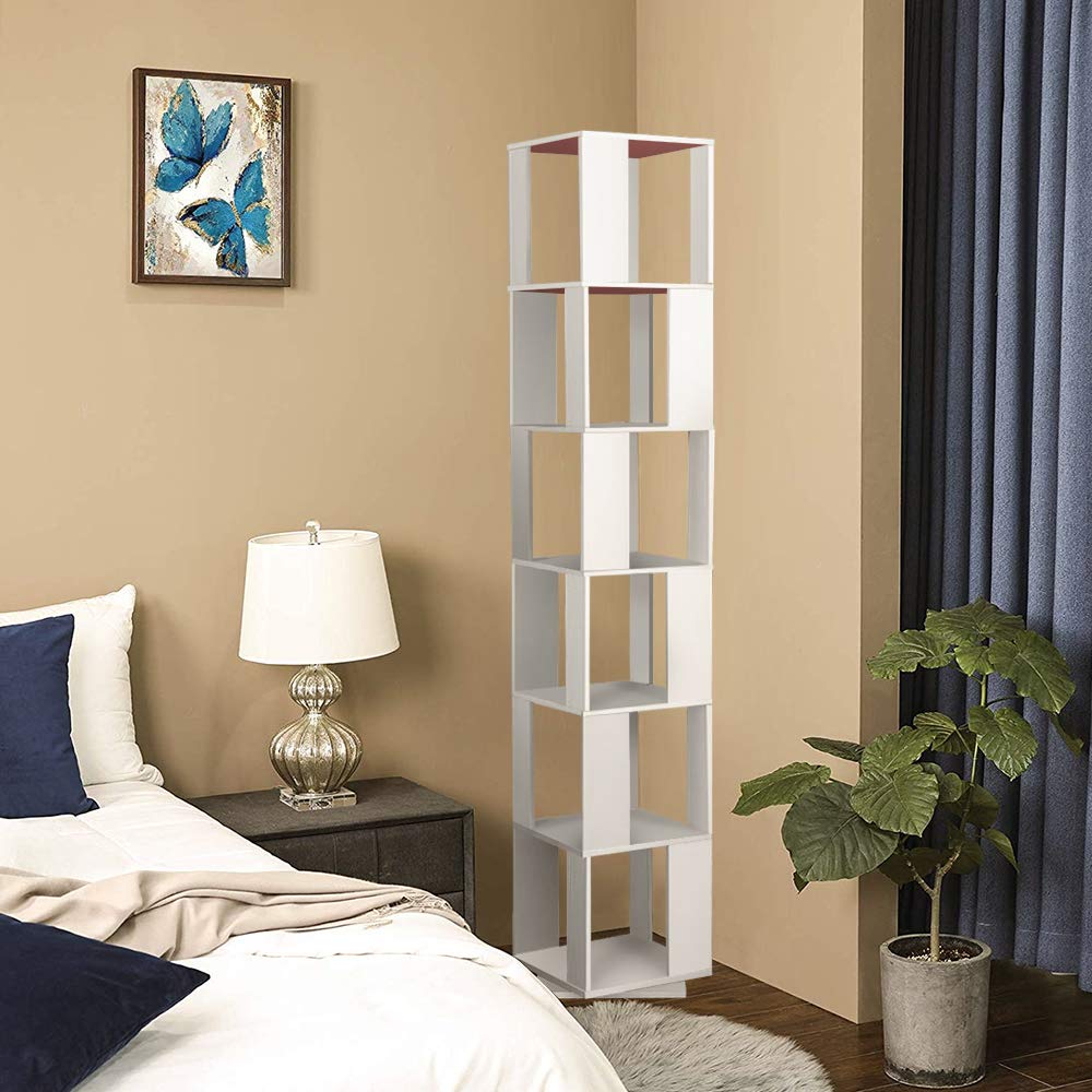 Rotating Bookshelf 6 Tiers Floor Rack Simple Bookcase Student Multi-Function Creative Freestanding Bookshelf Slim Storage Display Rack Tall Bookshelf for Living Room Corner Kids Bedroom Small Space