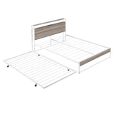 Full Bed Frame with Trundle and Outlet & USB Ports Metal Platform Bed with Wooden Storage Headboard, Full Size Metal Panel Bed with with Shelf, Noise-Free, No Box Spring Needed, White Bellemave