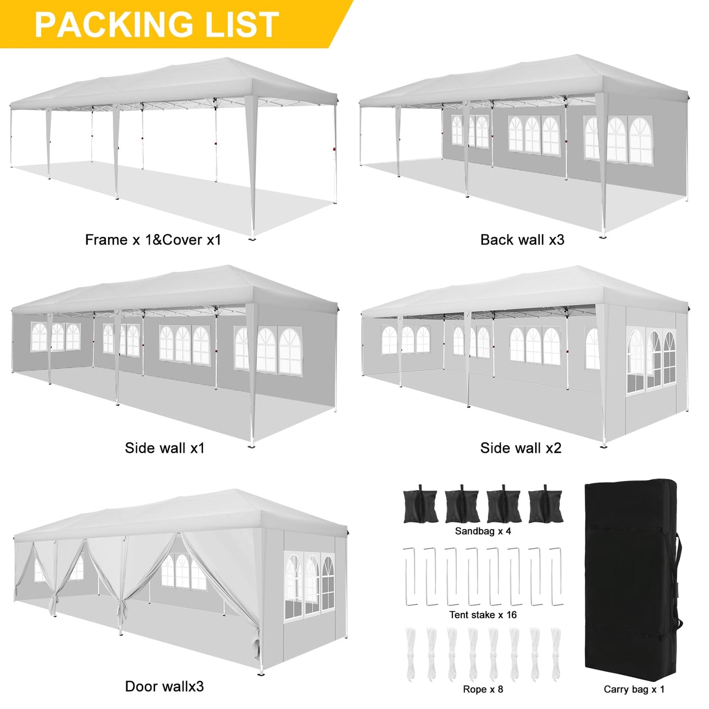 TOOLUCK 10x30 Pop Up Canopy Tent with 8 Sidewalls Tents for Parties Waterproof Camping Canopy Ez Up Party Tent Outdoor Portable Gazebo for Backyard Commercial Event Tent with sandbags, White - WoodArtSupply