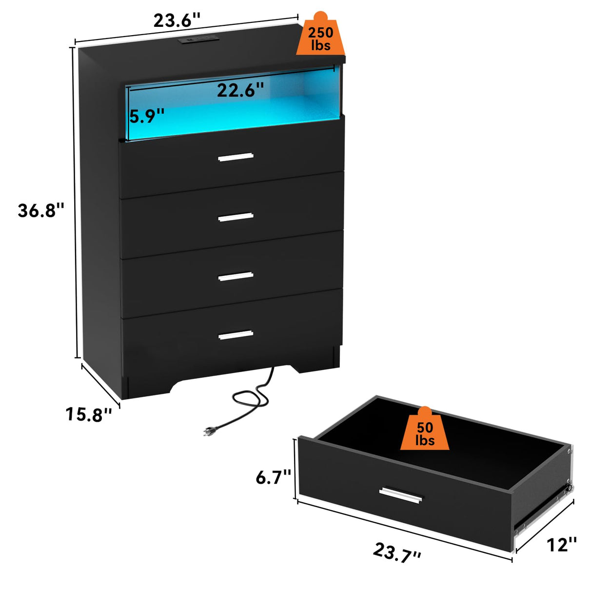 FJTJBSI Dresser with Power Outlets and LED Lights Wooden 4 Drawer Dresser with Large Organizer Tall Black Dresser for Bedroom Chest of Drawers Closet Modern Dresser for Living Room Kids Room FJTJBSI
