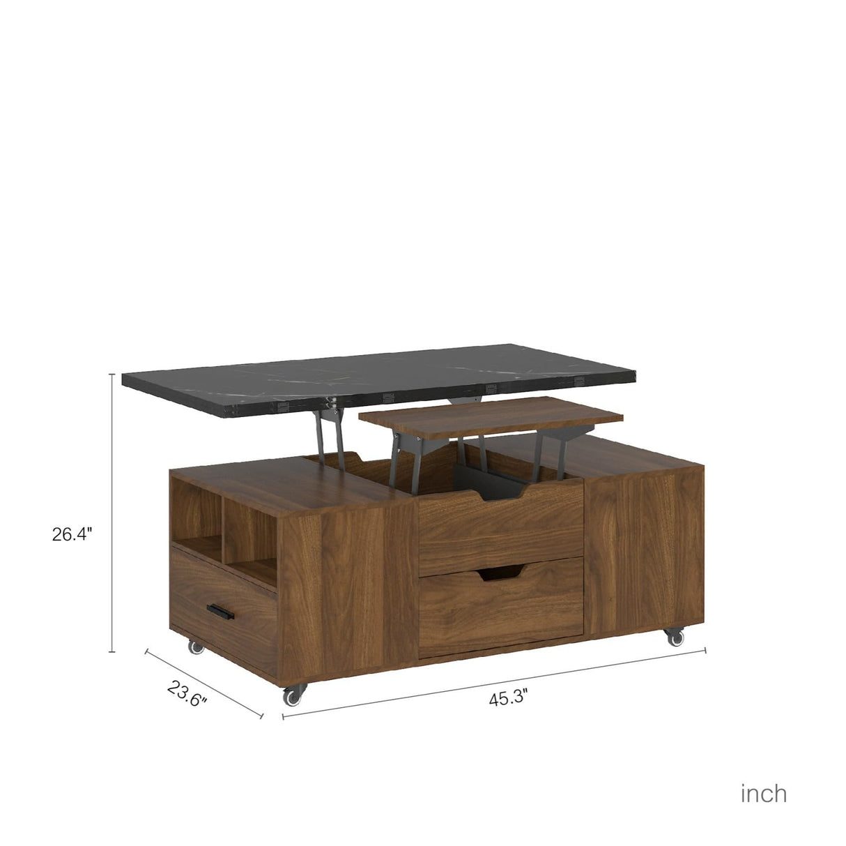 KEIKI Expandable Desktop Lift Top Nesting Coffee Table with 2 Stools, 1 Hidden Storage Space & Drawers, Wood Modern Rectangular Center Table for Living Room Furniture, Black & Walnut KEIKI
