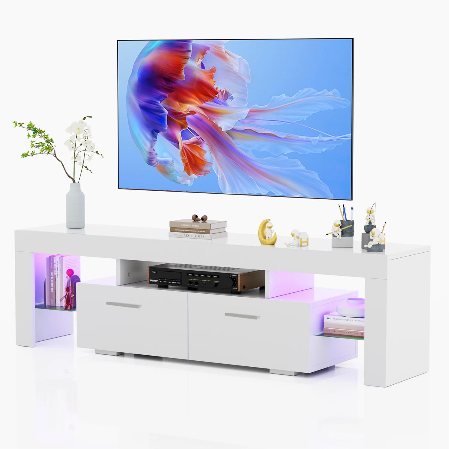 HOUAGI LED TV Stand for 50/55/60/65/70 Inch TVs,Modern Entertainment Center with Storage Drawer and Glass Shelf, TV Console Table for Living Room,Bedroom,White - WoodArtSupply