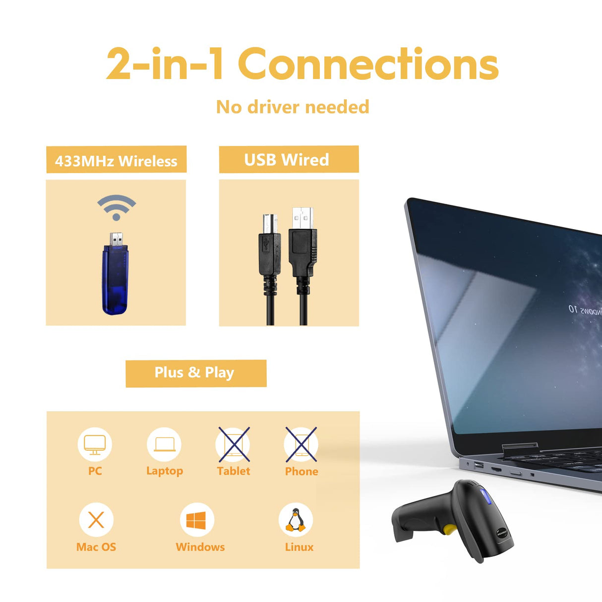 NADAMOO Wireless Barcode Scanner 328 Feet Transmission Distance USB Cordless 1D Laser Automatic Barcode Reader Handhold Bar Code Scanner with USB Receiver for Store, Supermarket, Warehouse NADAMOO