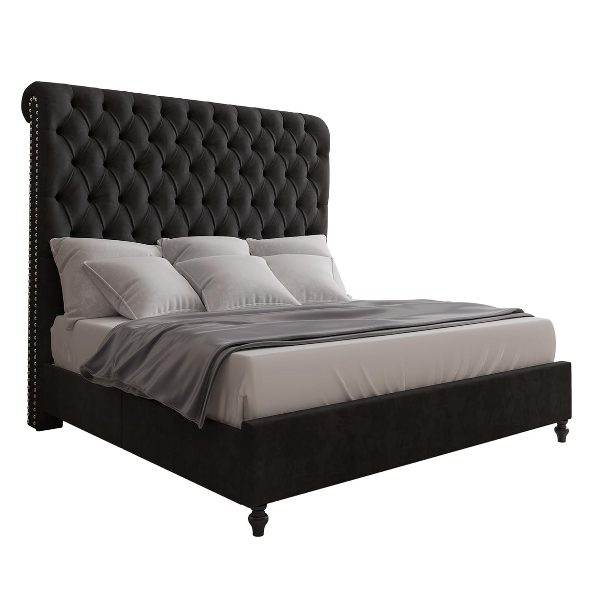 Jocisland Queen Size Bed Frame with Sleigh Headboard 60" Tall Velvet Upholstered Platform Bed, No Box Spring Needed, Black Jocisland
