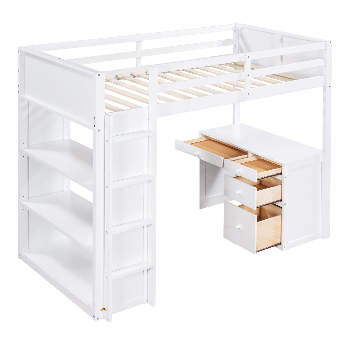 P PURLOVE Twin Loft Bed with Desk, Shelves, and Storage Drawers in White P PURLOVE