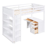 P PURLOVE Twin Loft Bed with Desk, Shelves, and Storage Drawers in White P PURLOVE