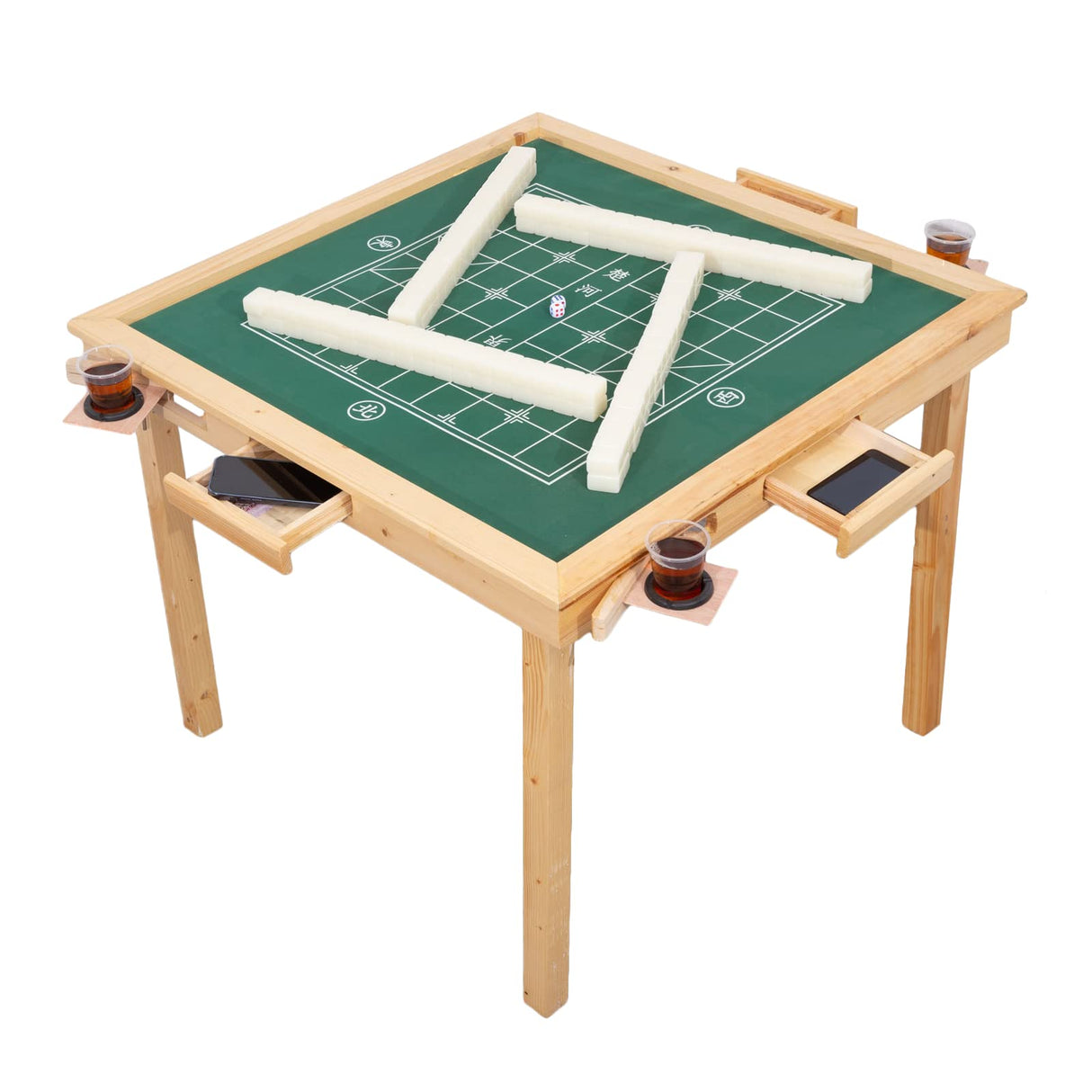 MEIMAI Foldable Mahjong Table, 35" Multifunction Card Table with 4 Cup Holder and 4 Fdrawers, Square Game Table for Mahjong, Poker Blackjack,Natural MEIMAI