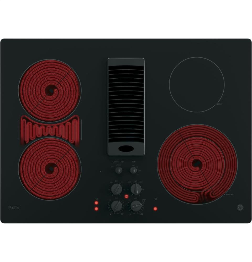 GE PP9830DJBB Profile Series Electric Cooktop with 4 Burners and 3-Speed Downdraft Exhaust System, 30", Black GE