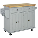 HOMCOM Kitchen Island on Wheels, Rolling Cart with Rubberwood Top, Spice Rack, Towel Rack and Drawers for Dining Room, Grey HOMCOM