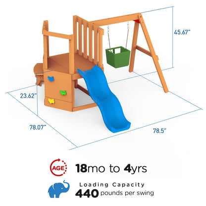 Dolphin Playground 5-in-1 Toddler Swing Sets for Backyard, Toddler Outdoor Playset with Baby Swing, Table, Blackboard, Kid Slide, Rock Climbing Wall, Playground Sets for Backyards Ages 18 mo  - WoodArtSupply