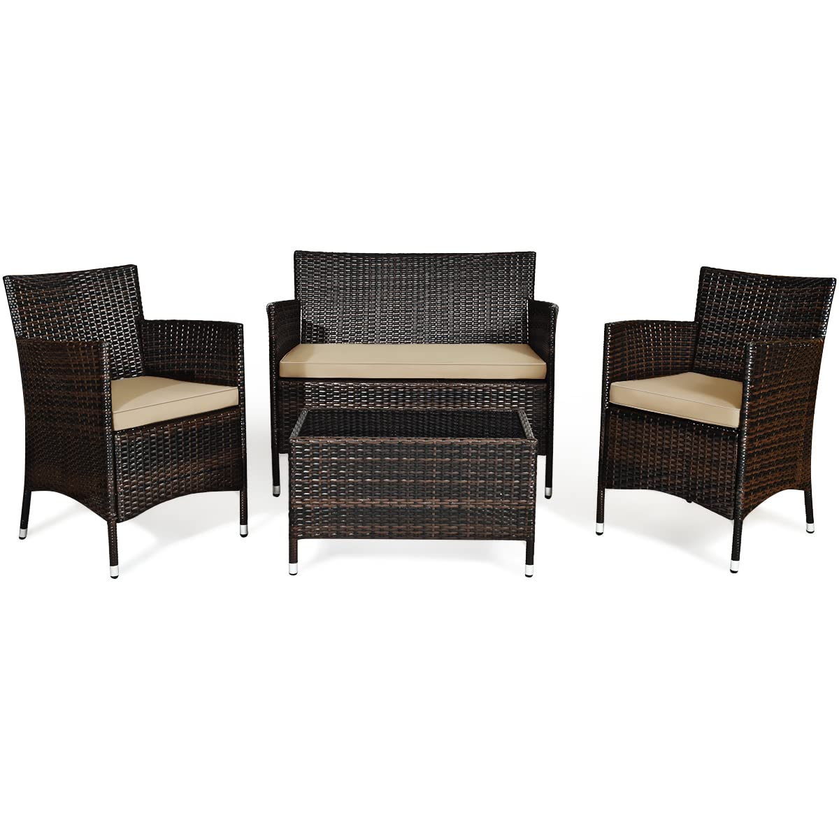 Goplus 4-Piece Rattan Patio Set, Outdoor/Indoor Wicker Conversation Set for Pool, Backyard, Lawn, Wicker Chairs and Sofa with Soft Cushion, Rattan Furniture with Tempered Glass Coffee Table Goplus