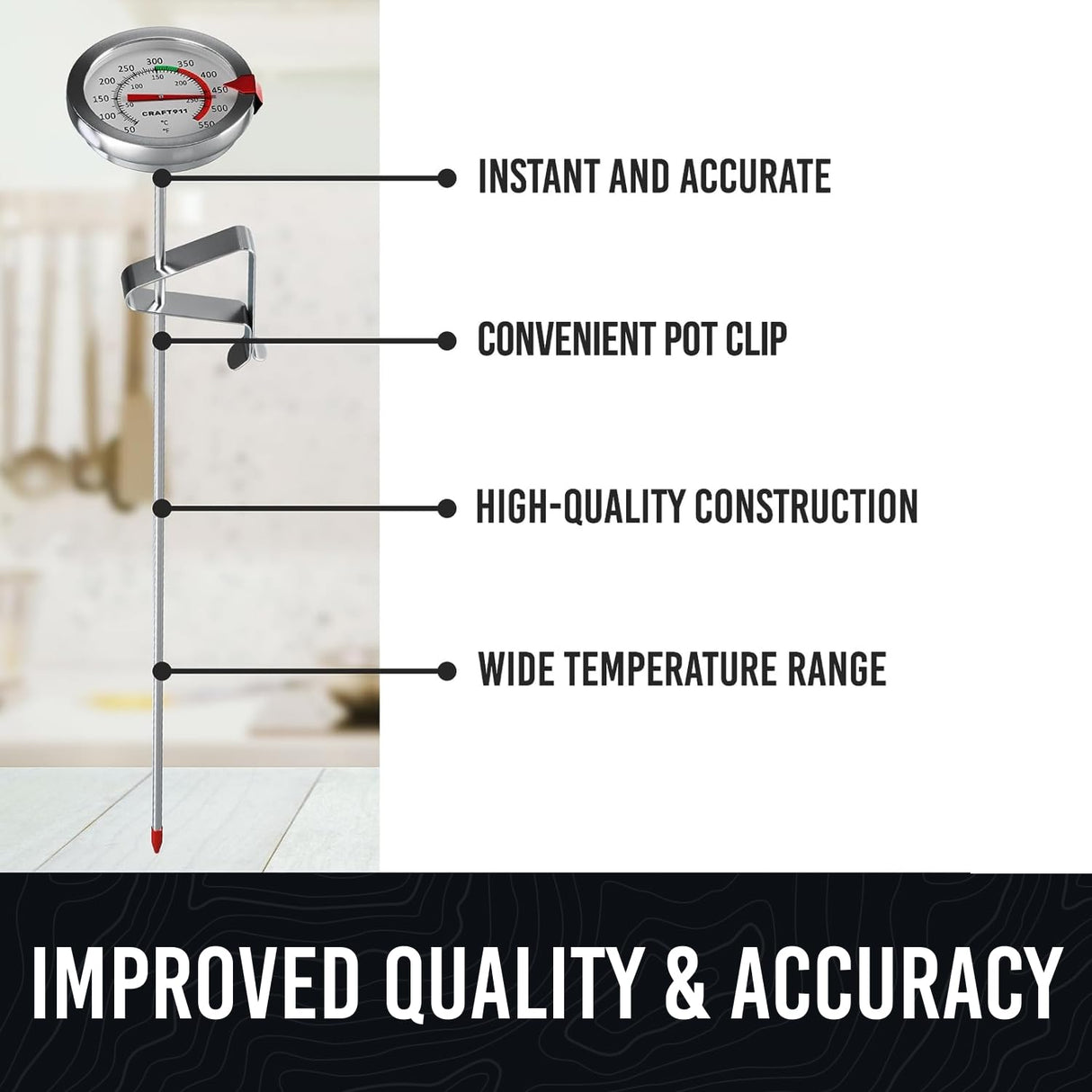 CRAFT911 Candy Thermometer with Pot Clip - Deep Fry Oil Thermometer for Frying - Cooking Thermometer for Frying Oil Candle Making Hot Oil Deep Fryer Thermometer 8" Side of Pot Thermometer Craft911