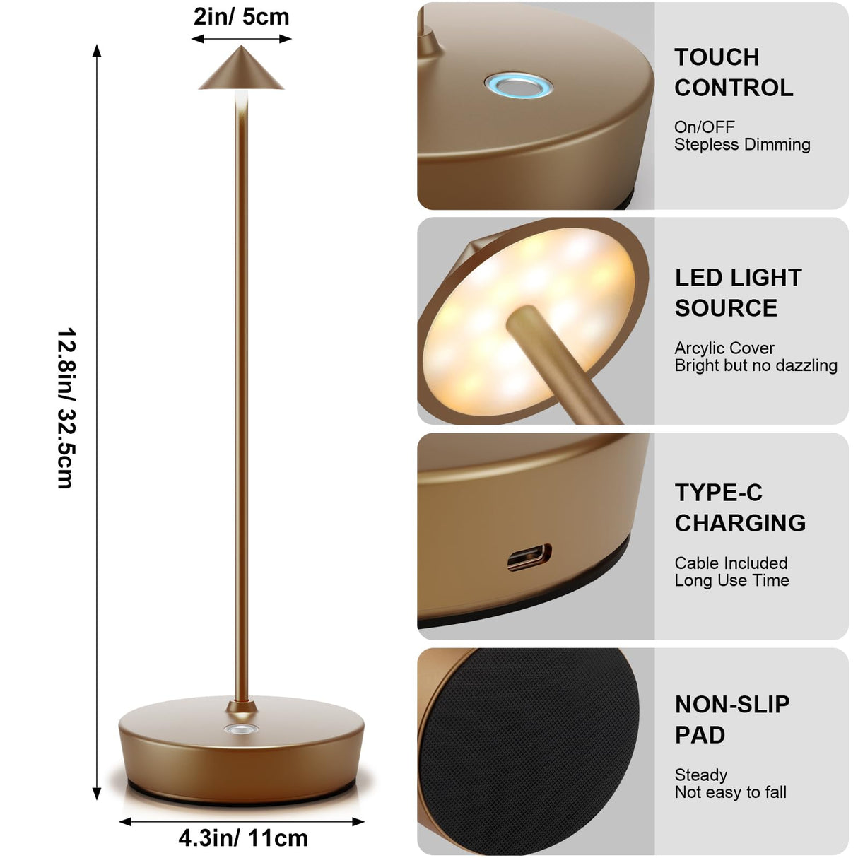 YIBEN 2Pack Rechargeable Cordless Table Lamp, Portable Powered LED Battery 6000mAh Metal USB Desk Lamp, 3 Levels Brightness Light for Restaurants Outdoor (2pack Titanium) YIBEN