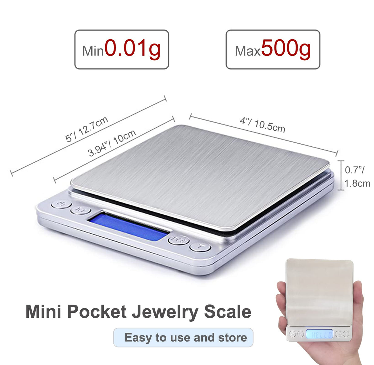 JOEAA Food Scale Digital Weight Grams and Ounces, 0.001oz/0.01g 500g Kitchen Scale for Food with Backlight LCD Display, Tare, 9 Units, Auto Off, 2 Trays, Batteries Included - Stainless Steel JOEAA