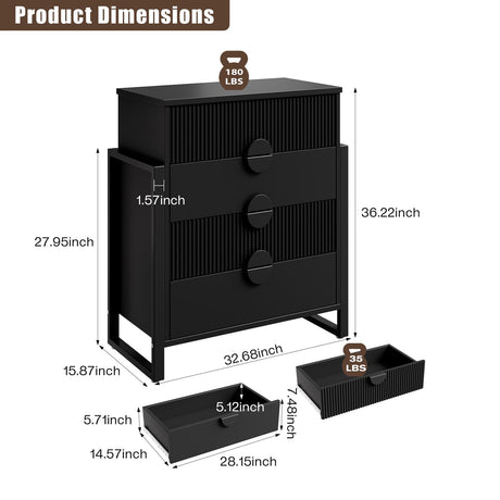 LGHM Fluted Dresser for Bedroom with 4 Drawers, Modern 4 Drawers Dressers with Semicylinder Fluted, Solid Chest of Drawers, 36" Tall Dresser with Bold Steel Frame, Metal Handles, Black LGHM