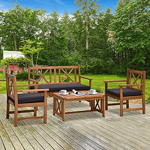 Outsunny 4 Piece Acacia Wood Outdoor Patio Furniture Set with 2 Armchairs, 1 Sofa, & 1 Coffee Table, Cushions Included Outsunny