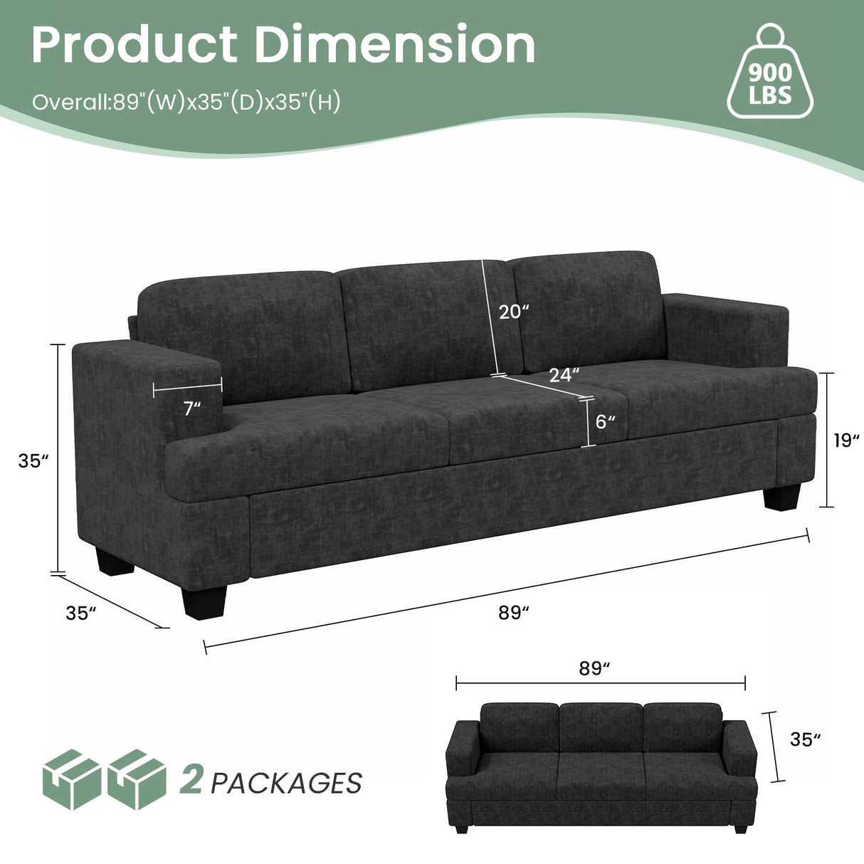 Fiona's magic 5 Seats Sofa Couch Set, 2 Piece Set Comfy Sofa Couch, 3 Seater & Loveseat Sofa with Deep Seats, Couch for Living Room, Modern Sleeper Couch, Black Chenille Fiona's magic