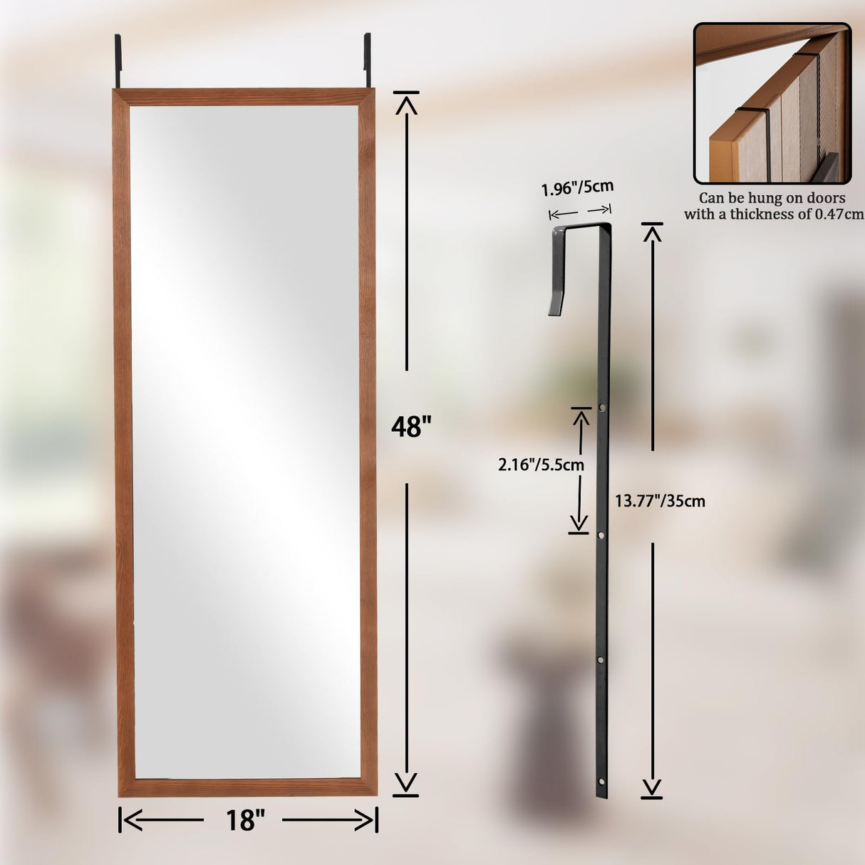 VooBang Wood Frame Door Mirror, 18" x 48" Over The Door Mirror Full Length, Full Body Mirror Door Hanging with Height-Adjustable Hangers for Dorm, Closet and Dressing Room, Charcoal Burnt VooBang