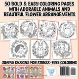 Bold and Easy Coloring Book: Animals and Flowers for Adults, Women and Seniors for Relaxation WoodArtSupply