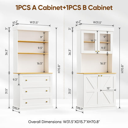 71" Tall Farmhouse Kitchen Pantry, Large Storage Cabinet with Glass Doors and Drawers, Freestanding Coffee Bar Hutch with Microwave Stand, Adjustable Shelves for Kitchen, Living Room, White 3 Pcs