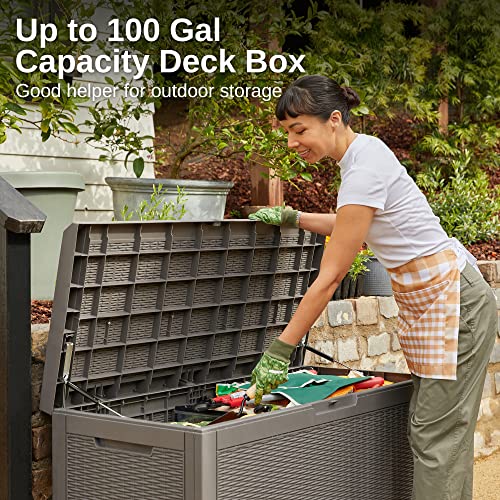 EAST OAK Outdoor Storage Box, 100 Gallon Deck Box, Waterproof Resin Storage Bench for Patio Cushions, Gardening Tools, Pool Toys, Lockable, UV Resistant, Grey - WoodArtSupply