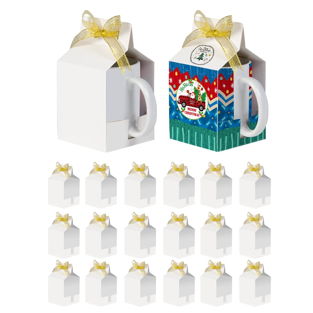 PYD Life 20 Pack Sublimation Mugs Blanks Gift Boxes Matte White 3.3" x 3.2" x 5.9" 11 OZ Sublimation Coffee Mugs Packing Boxes with Golden Ribbon for Heat Press Transfer PYD Life