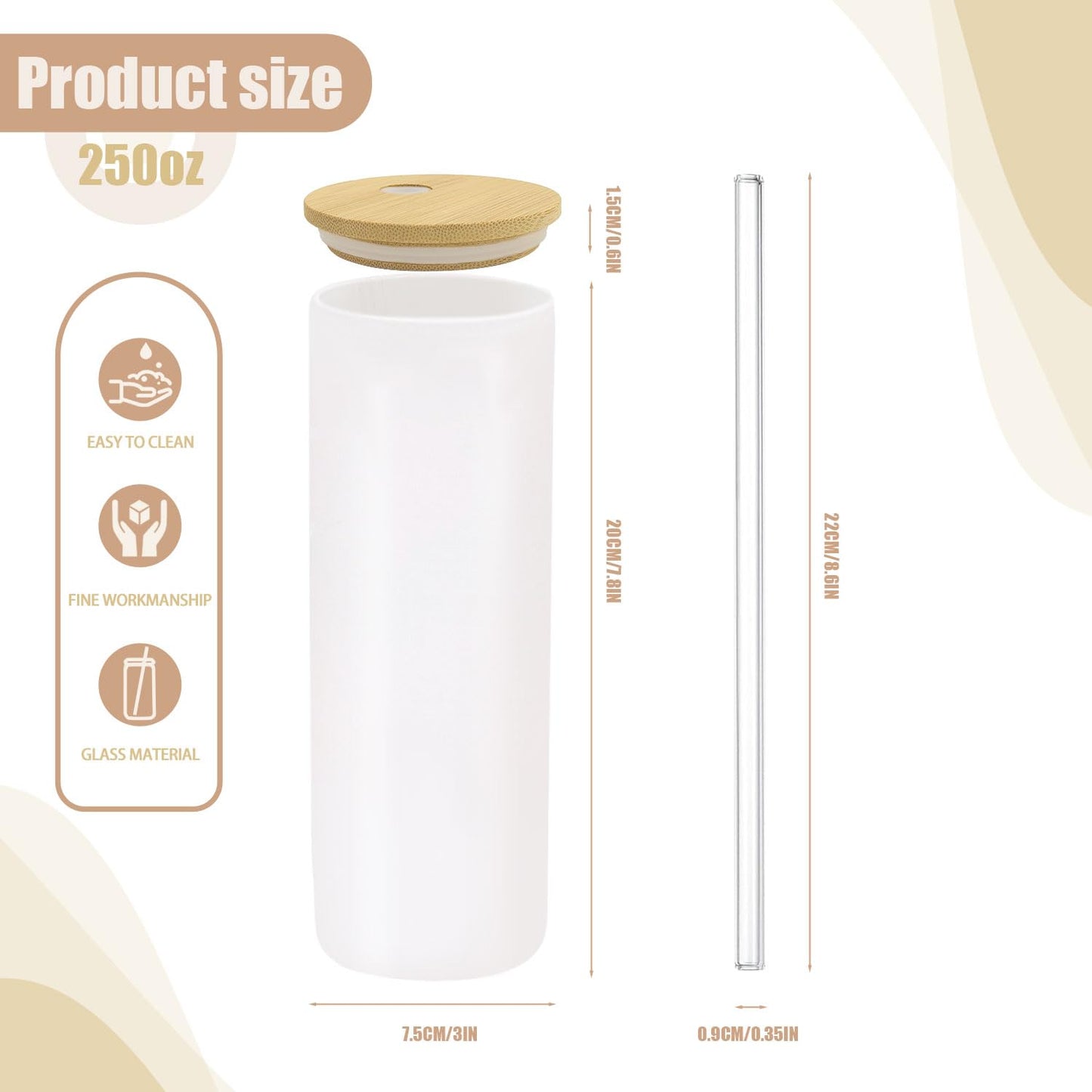 YOUKE OLA 10 Pack Sublimation Straight Glass Skinny Blanks Tumblers Frosted Glass Tumbler with Bamboo Lid and Glass Straw Tumbler Cups for Tumbler Heat Press 25oz