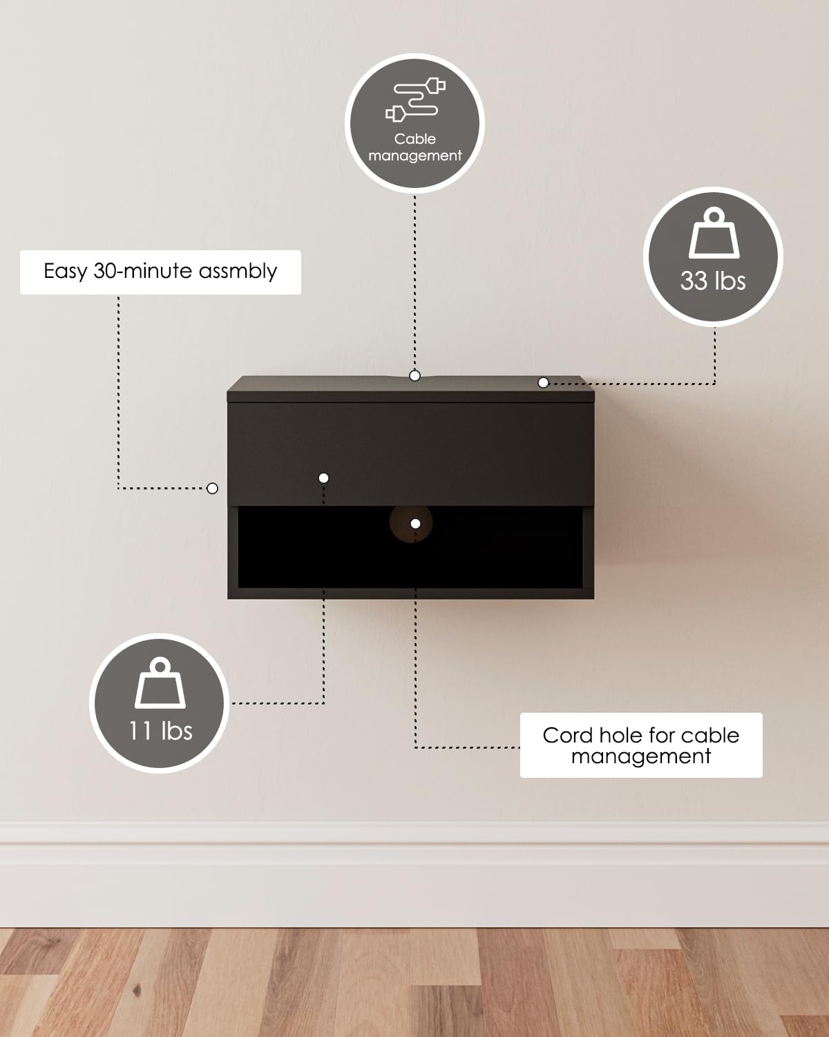 Floating Nightstand, Small Modern Floating Nightstand with Drawer, Floating Shelves for Bedroom, Bathroom (Black) Aienvey