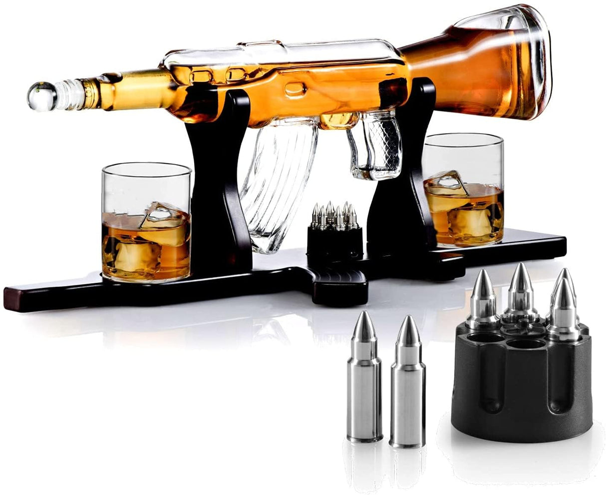 Gun Large Whiskey Decanter Set Bullet Glasses and Bullet Chilling Stones on Rifle Shaped Rich Wood Classic Mahogany Base Tray - Gift Packaging - for Liquor Scotch Bourbon - Gift for Him - By Bezrat Bezrat