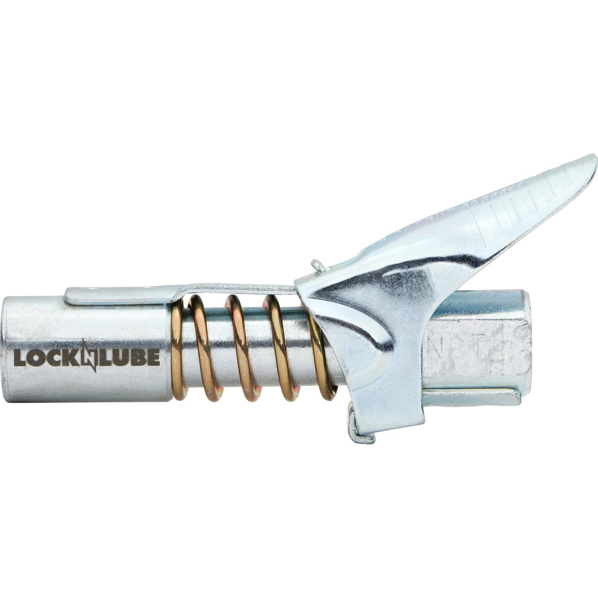 LockNLube Grease Gun Coupler locks onto Zerk fittings. Grease goes in, not on the machine. World's best-selling original locking grease coupler. Rated 10,000 PSI. Long-lasting rebuildable tool. LockNLube
