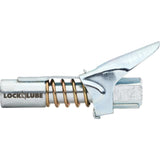 LockNLube Grease Gun Coupler locks onto Zerk fittings. Grease goes in, not on the machine. World's best-selling original locking grease coupler. Rated 10,000 PSI. Long-lasting rebuildable tool. LockNLube