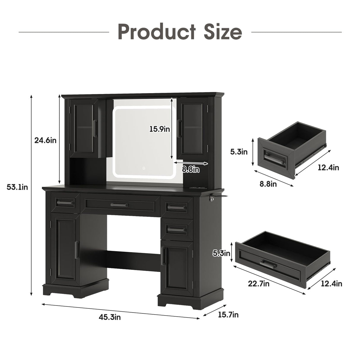 Maupvit Farmhouse Vanity Desk with Mirror and Lights, Makeup Vanity Table with Charging Station, 45" Bedroom Table with 4 Drawers and Cabinets, 3 Lighting Modes, Black Maupvit