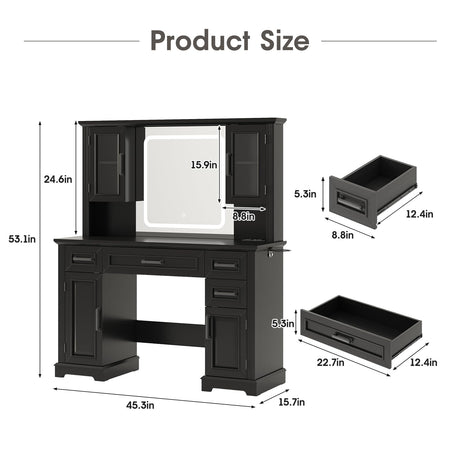 Maupvit Farmhouse Vanity Desk with Mirror and Lights, Makeup Vanity Table with Charging Station, 45" Bedroom Table with 4 Drawers and Cabinets, 3 Lighting Modes, Black Maupvit