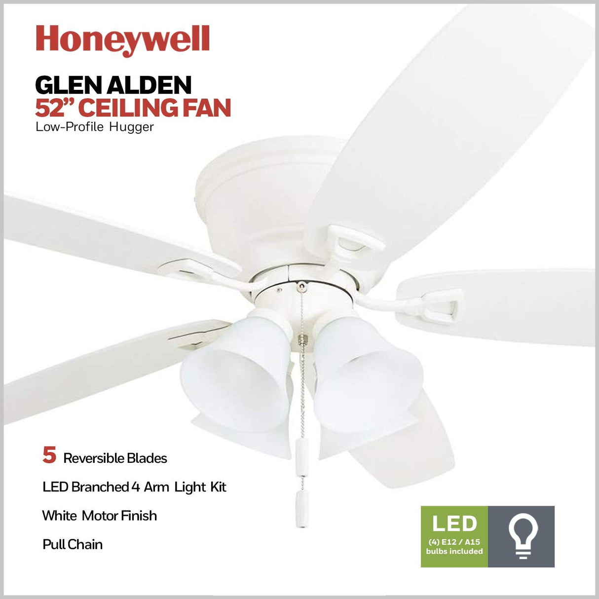 Honeywell Ceiling Fans Glen Alden, 52 Inch Classic Flush Mount Indoor LED Ceiling Fan with Light, Pull Chain, Quick-2-Hang Dual Finish Blades, Reversible Motor - 50520-01 (White) Honeywell Ceiling Fans