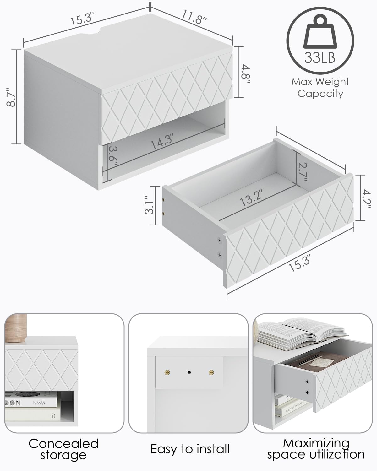 Aienvey Floating Nightstand, Small Modern Floating Nightstand with Drawer, Floating Shelves for Bedroom, Bathroom, White Diamond Aienvey