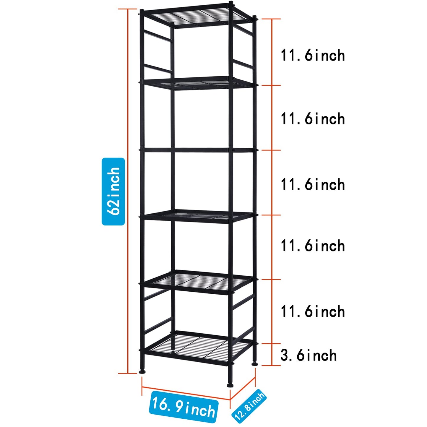 6-Wire Shelving Metal Storage Rack Shelves, Standing Storage Shelf Units for Laundry Bathroom Kitchen Pantry Closet(Black)