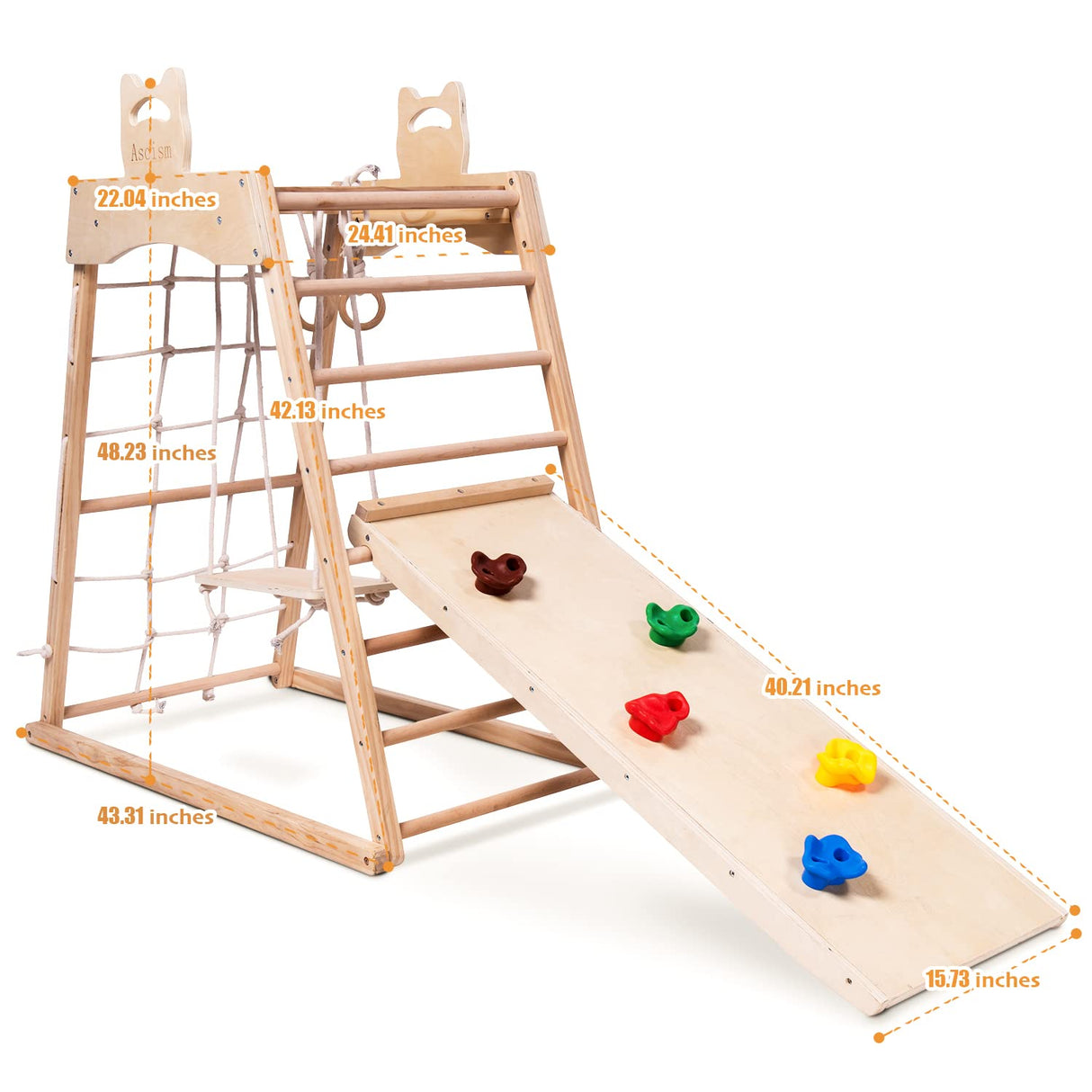 Ascism Jungle Gym Indoor (8 in 1) Wooden Indoor Playground, Toddler Wooden Climbing Toys, Montessori Playset, Gym with Slide, Climbing Net, Swing, Tent, Gymnastics Ring… Ascism