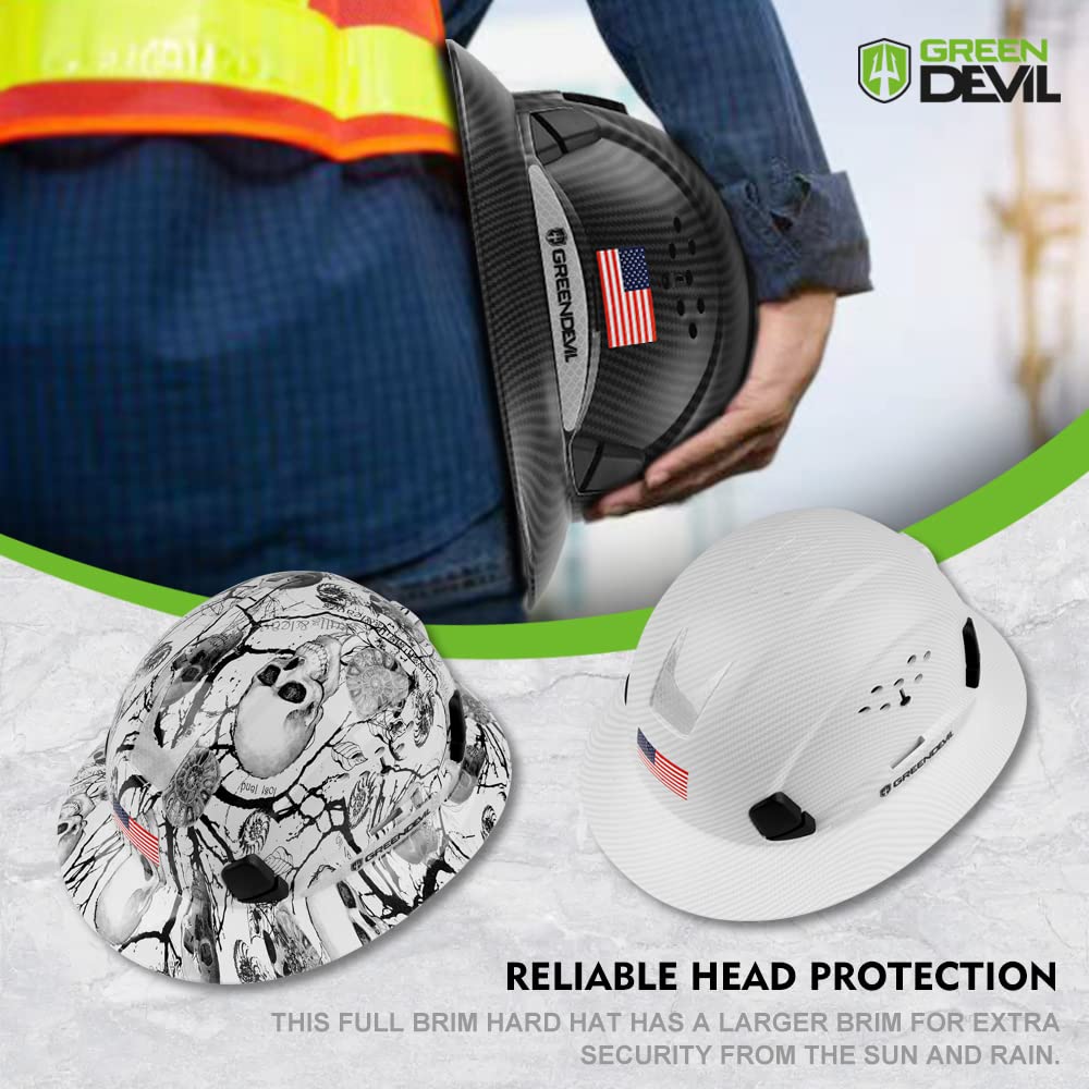 GREEN DEVIL Full Brim Hard Hat Vented Construction Safety Helmet OSHA Approved Cascos De Construccion Work Hardhat for Men&Women 6 Point Adjustable Ratchet Suspension Custom Pattern Design GREEN DEVIL