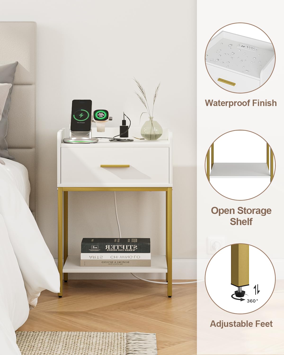 Masupu Nightstand with Charging Station,3-Tier Modern Bedside Night Stand with Storage Drawer and Shelf,Small End Side Table for Bedroom,Living Room,White Masupu