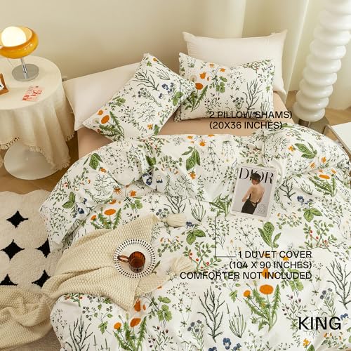 ECOCOTT 3 Pieces Floral Duvet Cover Sets King Size,100% Natural Cotton Floral Pattern 1 Duvet Cover with Zipper and 2 Pillowcases, Ultra Soft and Easy Care Breathable Cozy Simple Style Bedding Set ECOCOTT