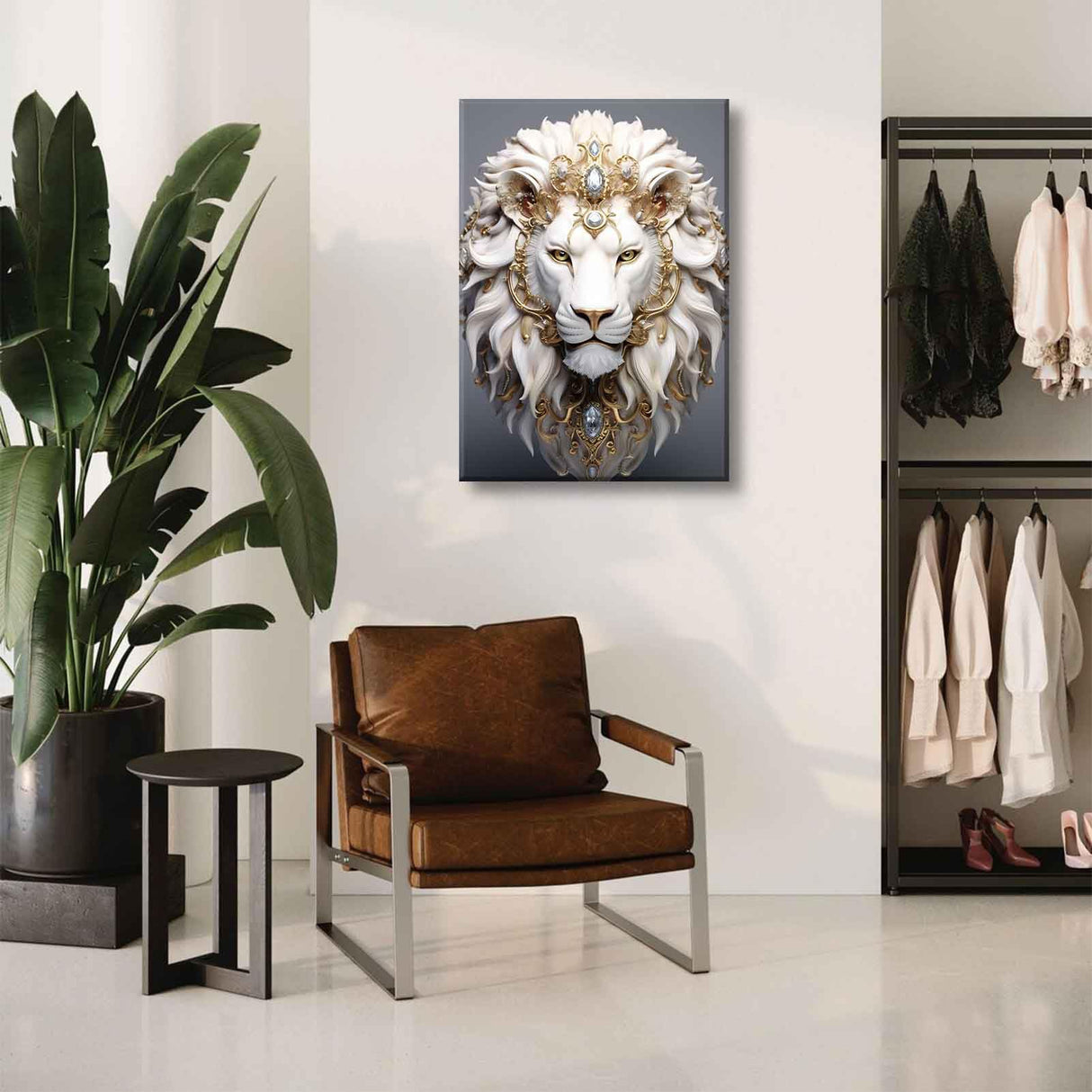 White Lion Canvas Wall Art Wild Animal Portraits Avatar Pictures Painting Decor Modern Large Gold Diamond Beast Posters Prints for Dining Living Room Bedroom Home Decoration Cremooy