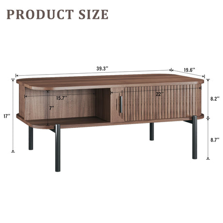 Coffee Table, 39.4" Mid Century Modern Coffee Tables for Living Room, Coffee Table with Storage Open Shelf, Fluted Table with Sliding Cabinet Door, 2-Tier Rustic Wood Desktop, Walnut HUAHUU