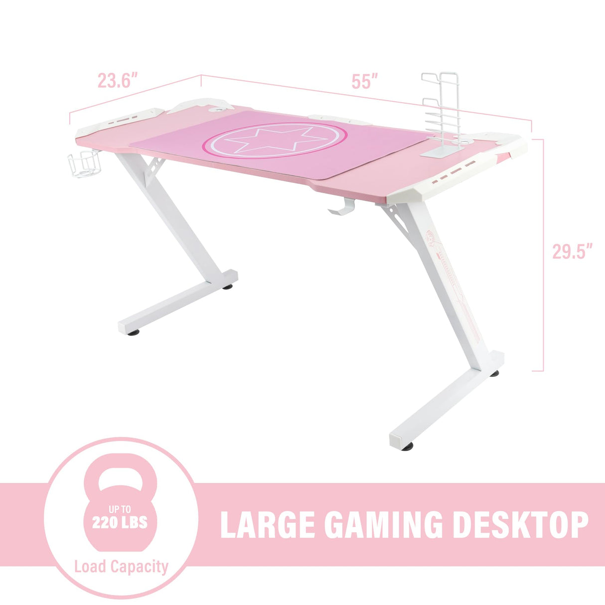 YOUTHUP Gaming Desk with LED Lights, 55 Inch Z Shaped Game Desk for PC Gamer, Ergonomic Racing Style Computer Table Workstation with Remote Control, Headphone Hook, Cup Holder, Handle Rack, Pink YOUTHUP