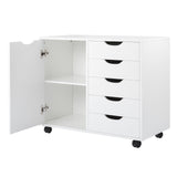 5-Drawer Dresser with 2-Shelf Cabinet, White, Smart Storage, Streamlined with Adjustable Dividers, Lockable Casters & Smooth Slides; Multi-Use Rolling Storage for Office, Craft Room, Bedroom Naomi Home