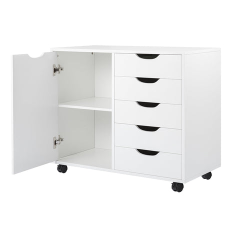 5-Drawer Dresser with 2-Shelf Cabinet, White, Smart Storage, Streamlined with Adjustable Dividers, Lockable Casters & Smooth Slides; Multi-Use Rolling Storage for Office, Craft Room, Bedroom Naomi Home