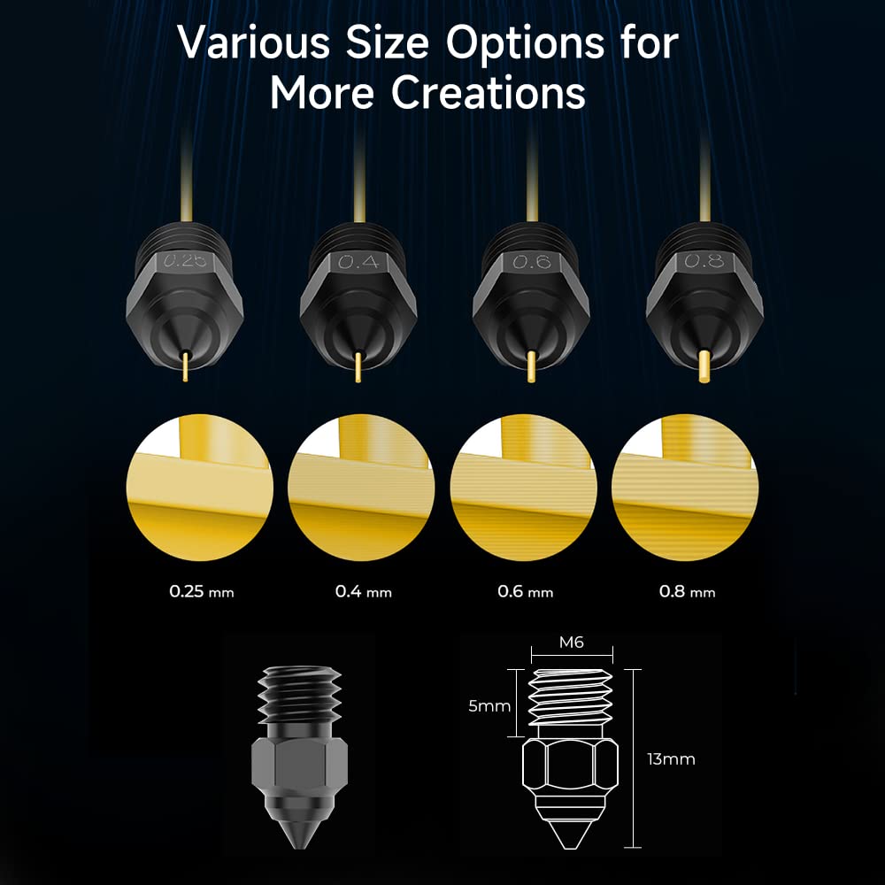 Creality 3D Printer Nozzles Kit, 8PCS High-end Hardened Steel Printer Nozzles with 4 Sizes, 0.25/0.4/0.6/0.8mm Hotend Nozzles for Ender 3/Ender 3 V2/Ender 3 Pro/Ender 3 Max/Ender 5 Series/CR 10 Series Creality