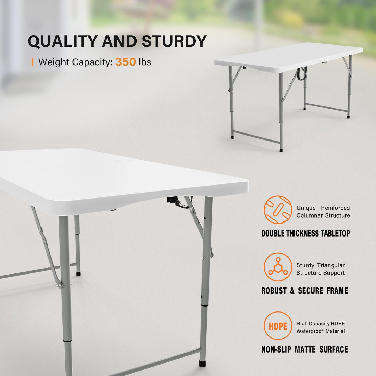 VINGLI 4 FT Plastic Folding Camping Table,3-Level Adjustable Height, Portable in/Outdoor Party Picnic Dining Desk,Off-White Garden Soccer Multipurpose Entertaining Activities - WoodArtSupply