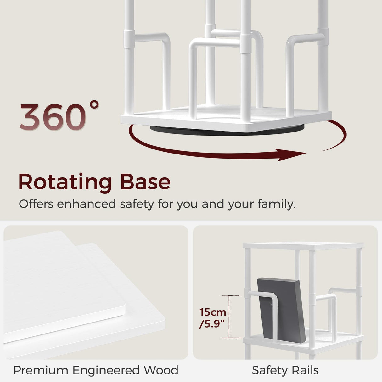 MAHANCRIS 4-Tier Rotating Bookshelf, Freestanding Corner Bookshelf, 360° Spinning Bookcase, Industrial Style Storage Rack with Rails, for Living Room, Bedroom, Study, White BKWT1501 MAHANCRIS